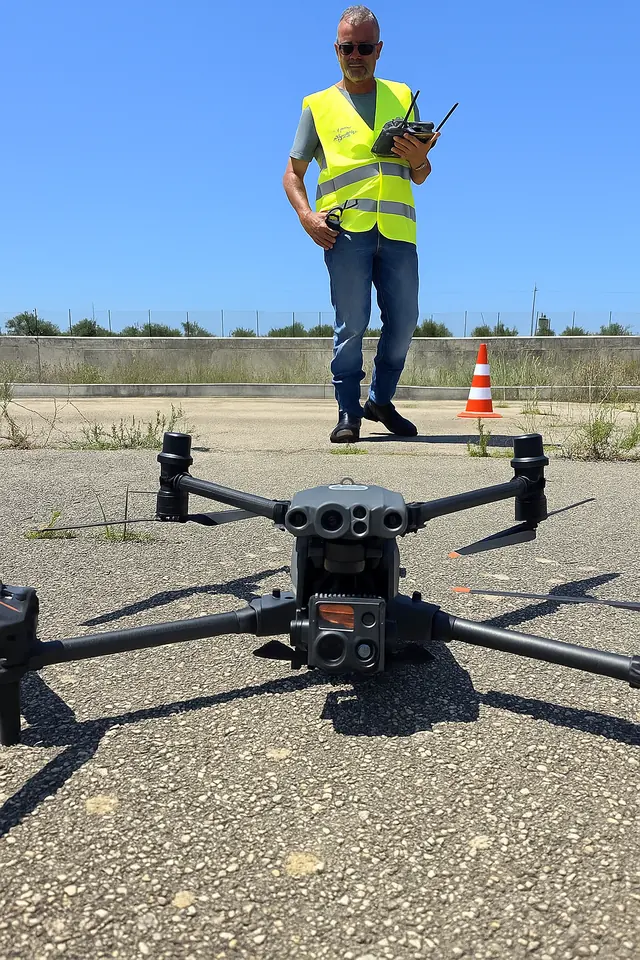 Drone DJI Matrice a terra prima del volo di rilievo